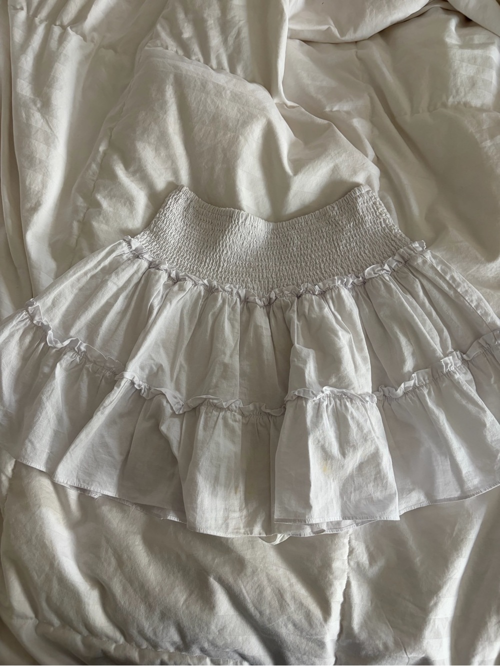 White Tiered Ruffle Mini Skirt with Smocked Waist